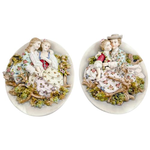 Antique Pair Early 19th Century Porcelain Meissen Style Continental Wall Plaques, Romantic Scenes with Lovers
