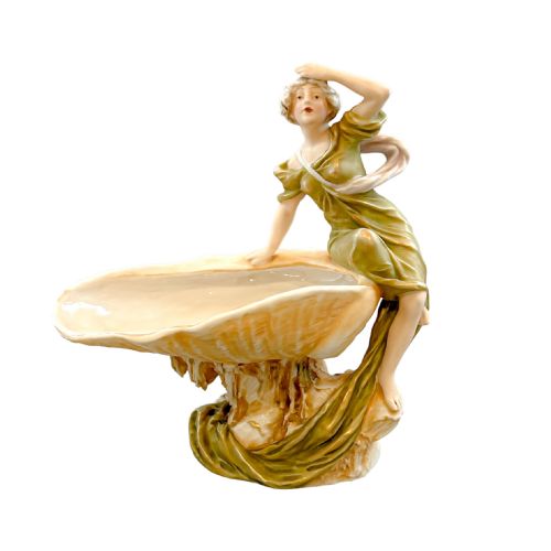 1900'S ART NOUVEAU ROYAL DUX PORCELAIN MAIDEN LEANING ON SHELL VIDE POCHE FIGURINE MODEL 818 - ADDITIONAL PHOTO 8