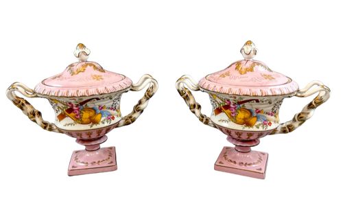 Antique Pair of Rococo Sèvres Style Ceramic Blush Pink Pedestal Lidded Tureens, Moulded Handles and Painted Harps