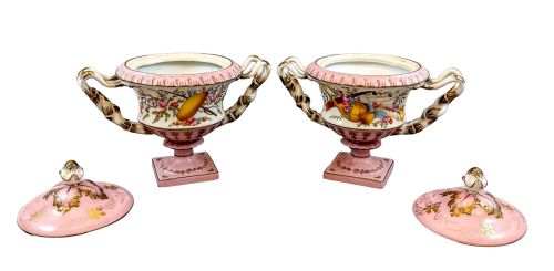 fig 1. Antique pair of Rococo Sèvres style ceramic blush pink pedestal lidded tureens, moulded handles and painted harps