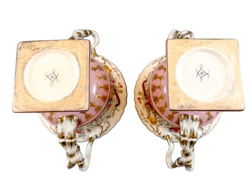 fig 2. Antique pair of Rococo Sèvres style ceramic blush pink pedestal lidded tureens, moulded handles and painted harps