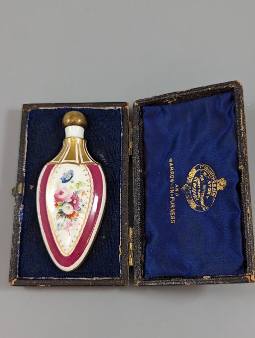 Cased Antique French Pomander Scent Bottle Hand-painted with Flowers , Enamel, Gilt, Porcelain
