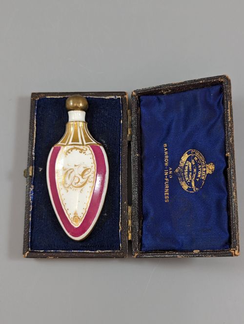 fig 1. Cased antique French pomander scent bottle hand-painted with flowers , Enamel, Gilt, Porcelain