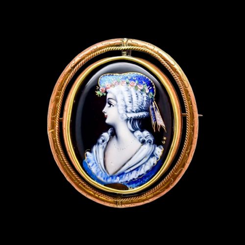 Antique Large French Limoges Enamel Email D'art Portrait of Lady Swivel Brooch Signed "Gh"