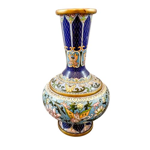 Chinese Republic Blue Cloisonné Enamel and Bronze Butterfly and Floral Vase