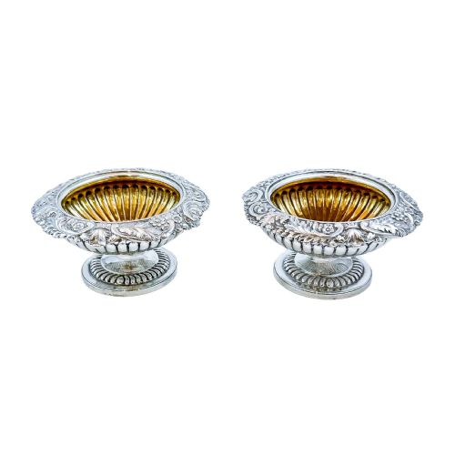 Pair of George III Sterling Silver Gilt Urn-shaped Pedestal Open Salts Trimmed with Foliage, Rebecca Emes (Rare Woman Silversmith)