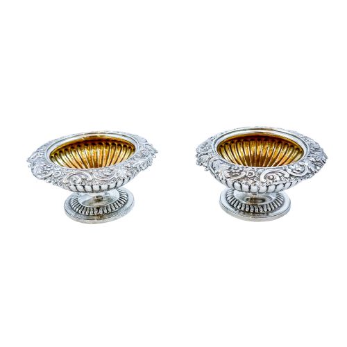 fig 1. Pair of George III sterling silver gilt urn-shaped pedestal open salts trimmed with foliage, Rebecca Emes (rare woman silversmith)