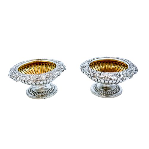 fig 2. Pair of George III sterling silver gilt urn-shaped pedestal open salts trimmed with foliage, Rebecca Emes (rare woman silversmith)