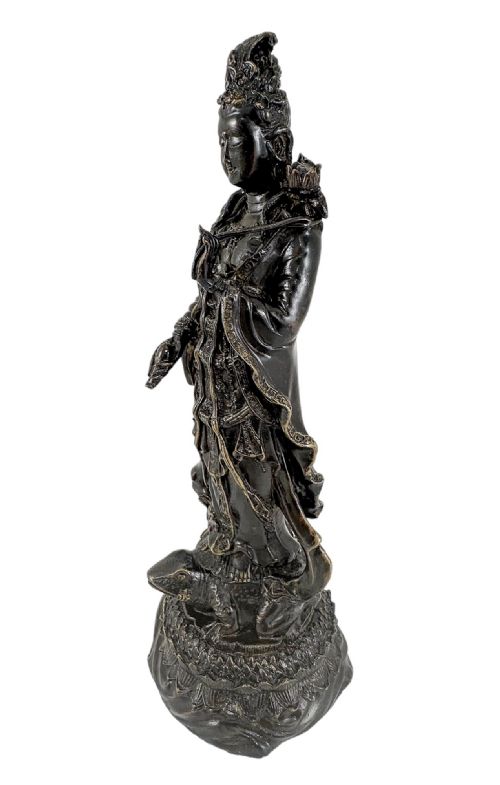 Antique Chinese Bronze Tall Statue of Guanyin Resting on Frog on Lotus Flower
