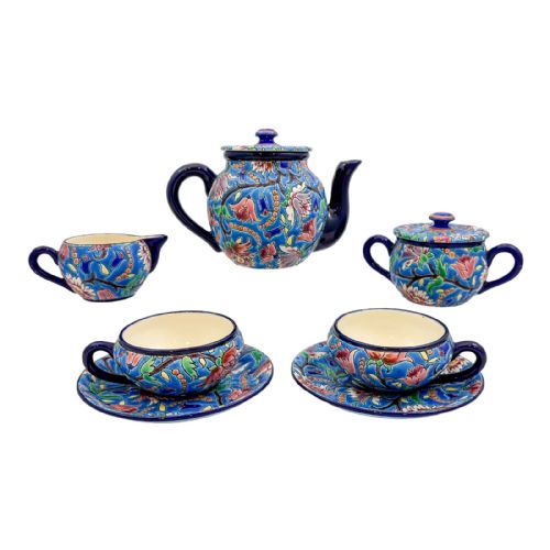 Art Deco Longwy French Cloisonné Faience Enamel Pottery Tea Set, Japanese Design, Pattern D5685