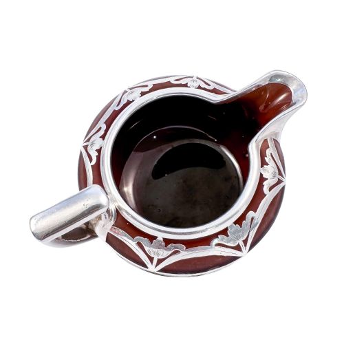 ANTIQUE ART NOUVEAU LENOX BROWN TEAPOT STAND AND CREAMER WITH STERLING SILVER OVERLAY - ADDITIONAL PHOTO 5