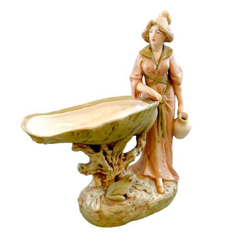 Royal Dux Art Nouveau Figural Epergne / Posy Holder Figurine of Young Woman and Frog, Model 1048