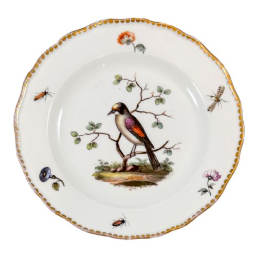 1820'S Meissen Porcelain Scalloped Rim Plate with Decoration of Bird, Insects and Flowers