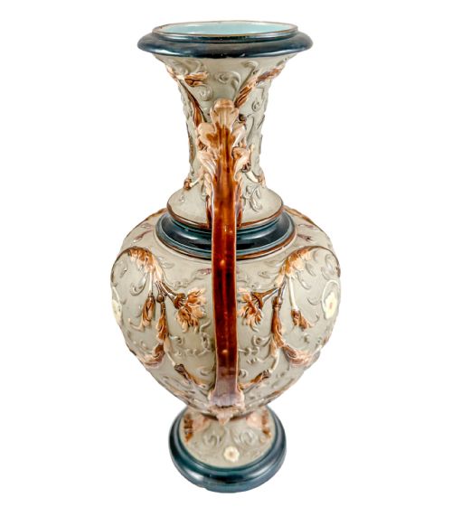 fig 1. Art Nouveau Wilhelm Schiller and Sons majolica pottery double handed vase, demon faces