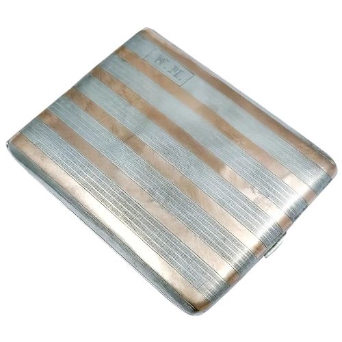 American Art Deco Watrous Manufacturing Co Sterling Silver Cigarette / Card Case Inlaid with 14k Yellow Gold Bands