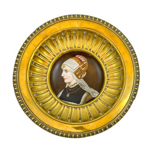 19th Century Porcelain Portrait of "Young Woman in Renaissance Costume" in Repousse Brass Frame