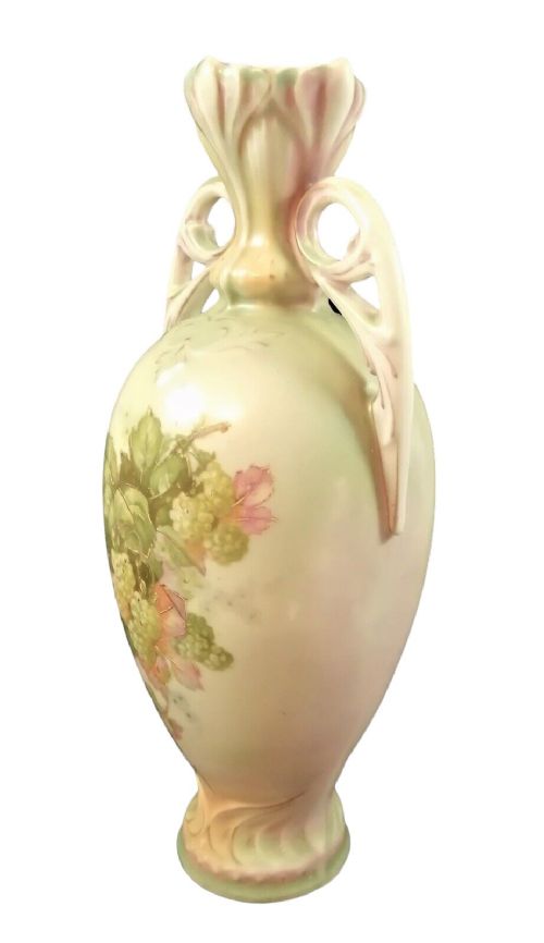 fig 1. Antique Art Nouveau Austro-Hungarian Bohemian floral blush twin handled porcelain vase