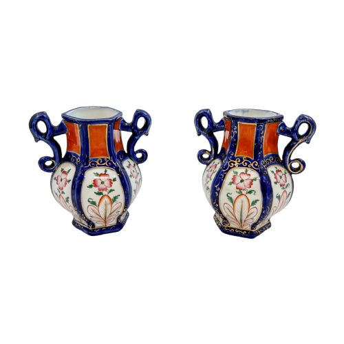 antique georgian pair mason's ironstone pottery double handled baluster octagonal vases - CATEGORY: ANTIQUE VASES - DATED GEORGIAN