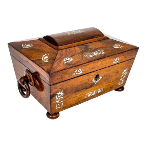 Antique Early Victorian Rosewood Sarcophagus Jewellery Case / Lady’s Work Box with Mother-of-pearl Inlay
