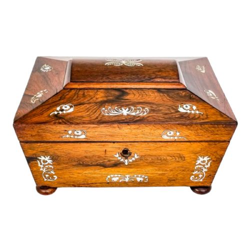 fig 1. Antique early Victorian rosewood sarcophagus jewellery case / lady’s work box with mother-of-pearl inlay