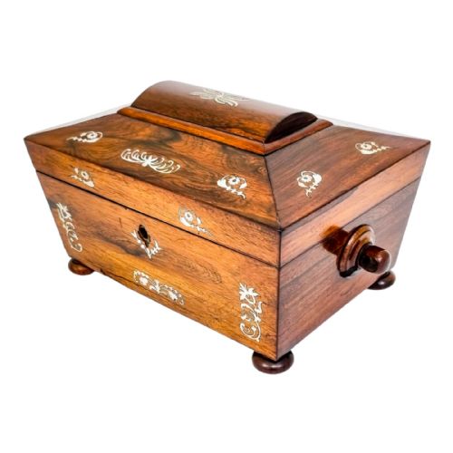 fig 2. Antique early Victorian rosewood sarcophagus jewellery case / lady’s work box with mother-of-pearl inlay