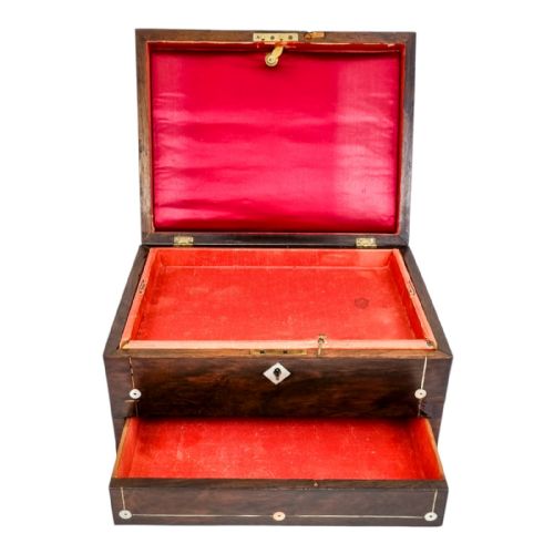 Antique Victorian Rosewood Jewellery Case/ Lady's Work Box Inlaid with Mother-of-pearl