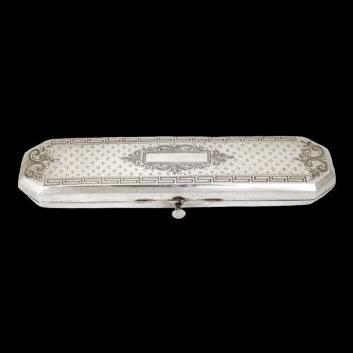 fig 1. Antique 1880's Dutch silver spectacle glasses case, engine turned, Greek key, vacant cartouche, Neoclassical