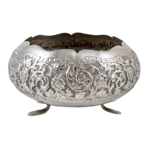 Indian Kutch Sterling Silver Round Sugar Bowl Embossed Flowers and Foliage, Tri-foot
