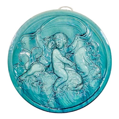 French 1890'S Clement Massier Huge Iridescent Turquoise Wall Charger with Putti Riding Dolphins / Sea Monsters