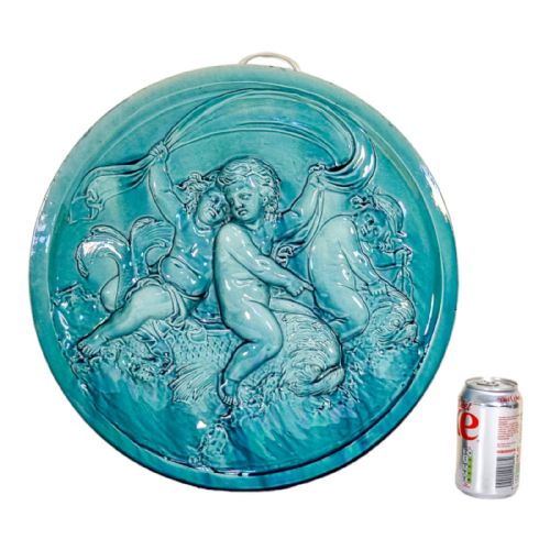fig 1. French 1890's Clement Massier huge iridescent turquoise wall charger with putti riding dolphins / sea monsters