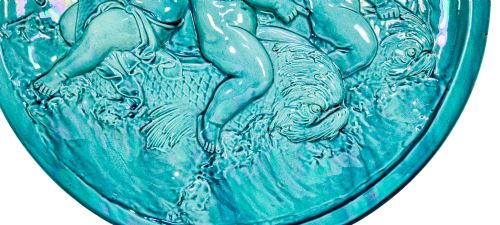 fig 2. French 1890's Clement Massier huge iridescent turquoise wall charger with putti riding dolphins / sea monsters