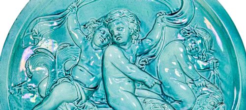 fig 3. French 1890's Clement Massier huge iridescent turquoise wall charger with putti riding dolphins / sea monsters