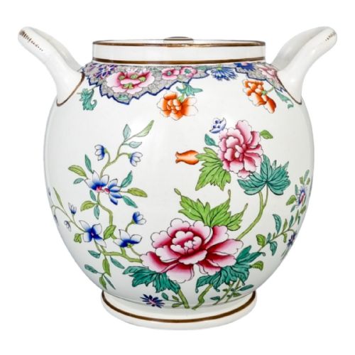 fig 1. 1820's Regency Spode porcelain Chinoiserie Famille rose creamware large barrel scent jar, pattern 3184