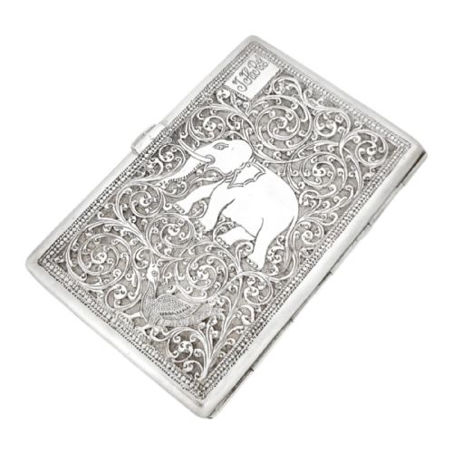 19th Century Anglo-indian Kutch Silver Cigarette Case with Lion, Elephant, Bird and Scrolls