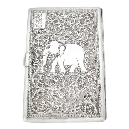 fig 1. 19th century Anglo-Indian Kutch silver cigarette case with lion, elephant, bird and scrolls
