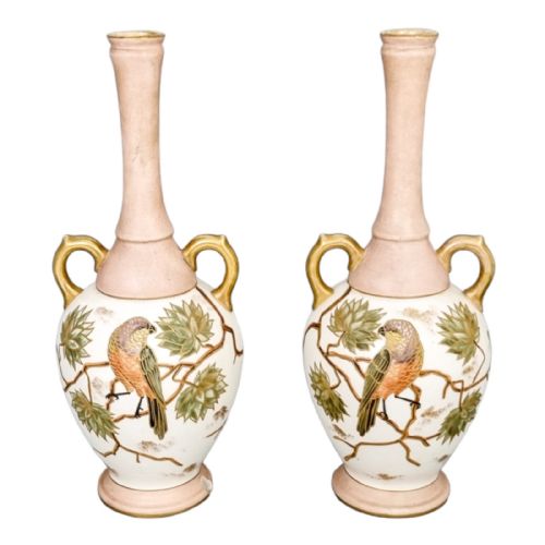 Antique 1880'S German Franz Anton Mehlem for Royal Bonn Blush Ivory Aesthetic Pair of Vases, Parrots and Butterflies