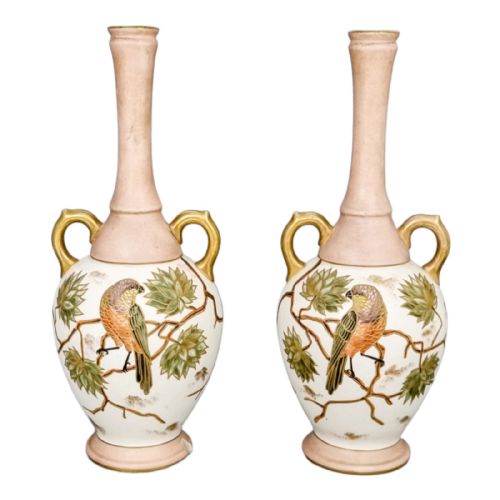 fig 1. Antique 1880's German Franz Anton Mehlem for Royal Bonn blush ivory Aesthetic pair of vases, parrots and butterflies