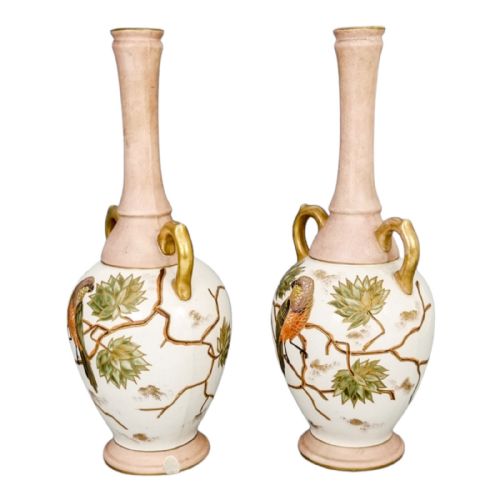 fig 2. Antique 1880's German Franz Anton Mehlem for Royal Bonn blush ivory Aesthetic pair of vases, parrots and butterflies