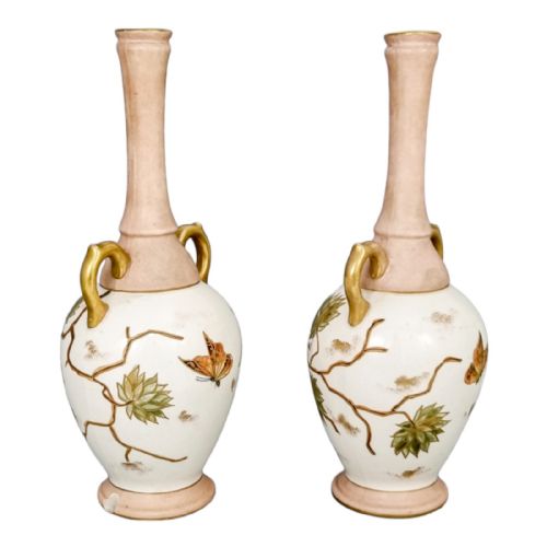 fig 3. Antique 1880's German Franz Anton Mehlem for Royal Bonn blush ivory Aesthetic pair of vases, parrots and butterflies