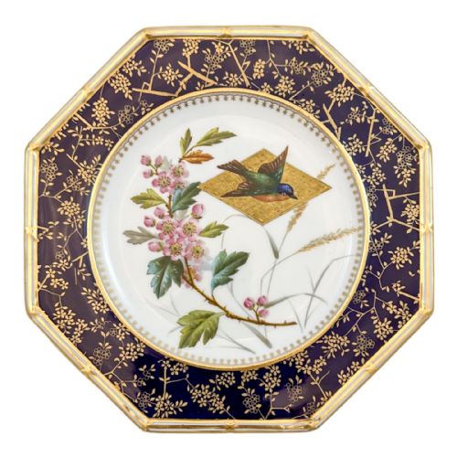 Antique Aesthetic Movement Octagonal Wedgwood Porcelain Plate, Gilt Floral and Bird Design