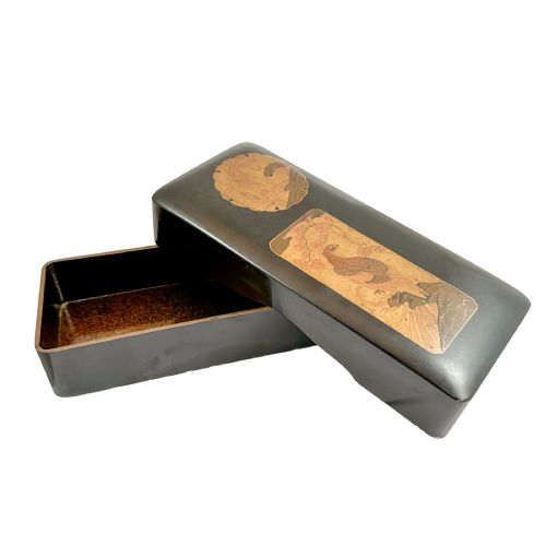 Antique Japanese Meiji Period Black Lacquer Document Trinket Box, Gold Takamaki-e Crane and Bird of Prey Design