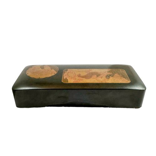 fig 1. Antique Japanese Meiji period black lacquer document trinket box, gold takamaki-e crane and bird of prey design