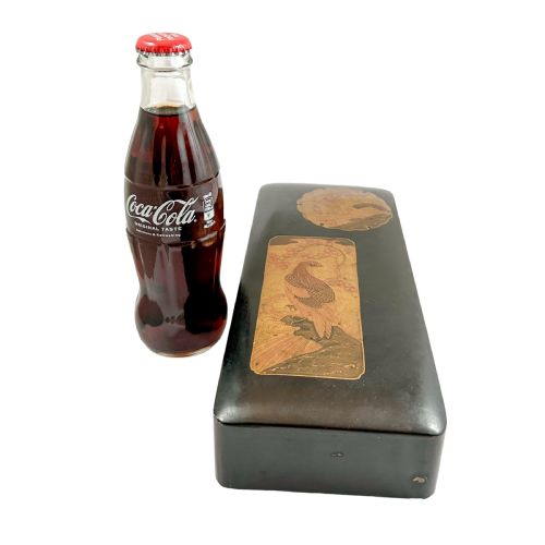 fig 2. Antique Japanese Meiji period black lacquer document trinket box, gold takamaki-e crane and bird of prey design