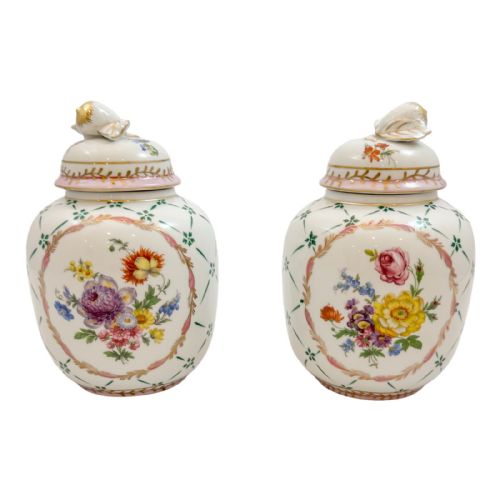Antique Pair of Royal Europe Porcelain Ginger Jars with Moulded Lids and Hand-painted with Flowers