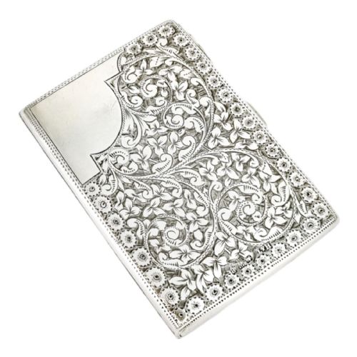 Antique Victorian Chester Sterling Silver Large Silk Concertina Card Case, Engraved with Scrolls