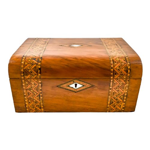 fig 1. Antique Georgian walnut Tunbridge Ware domed writing slope with mother-of-pearl cartouche and geometric marquetry
