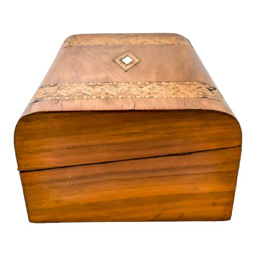 fig 3. Antique Georgian walnut Tunbridge Ware domed writing slope with mother-of-pearl cartouche and geometric marquetry