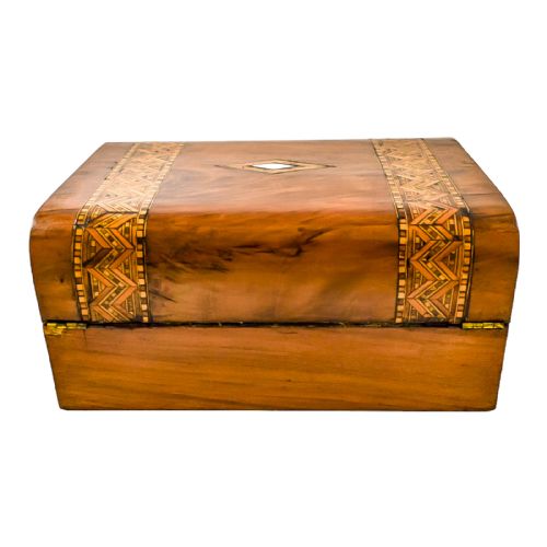 fig 4. Antique Georgian walnut Tunbridge Ware domed writing slope with mother-of-pearl cartouche and geometric marquetry