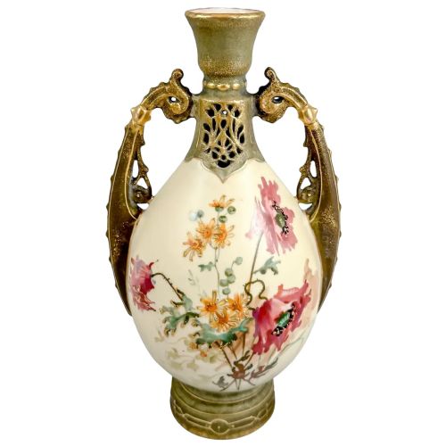 Art Nouveau Ernst Wahliss Turn Vienna Two-handled Amphora Vase Painted with Poppies