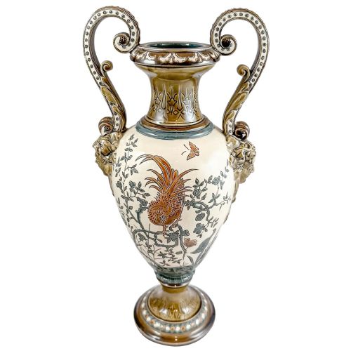 Art Nouveau Gerbing & Stephan Majolica Double Handed Pottery Vase, Japanese Bird Motif, Model 4605